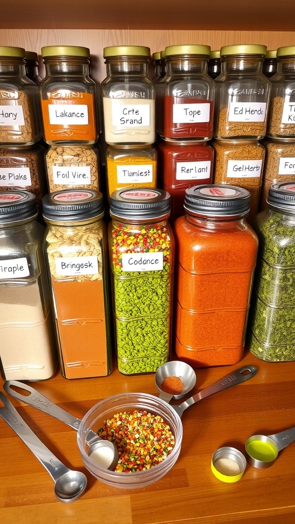 DIY Seasoning Jars for Home Cooking Colorful spice jars on a wooden shelf, labeled for easy access.